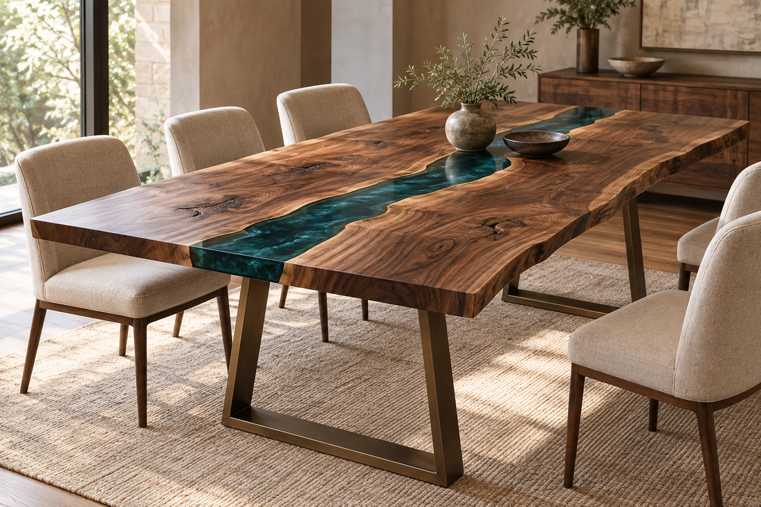 Walnut river dining table with teal resin and bronze-colored metal legs.
