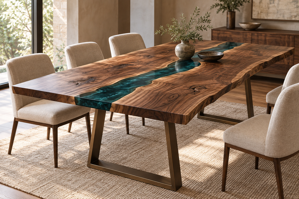 Walnut river dining table with teal resin and bronze-colored metal legs.