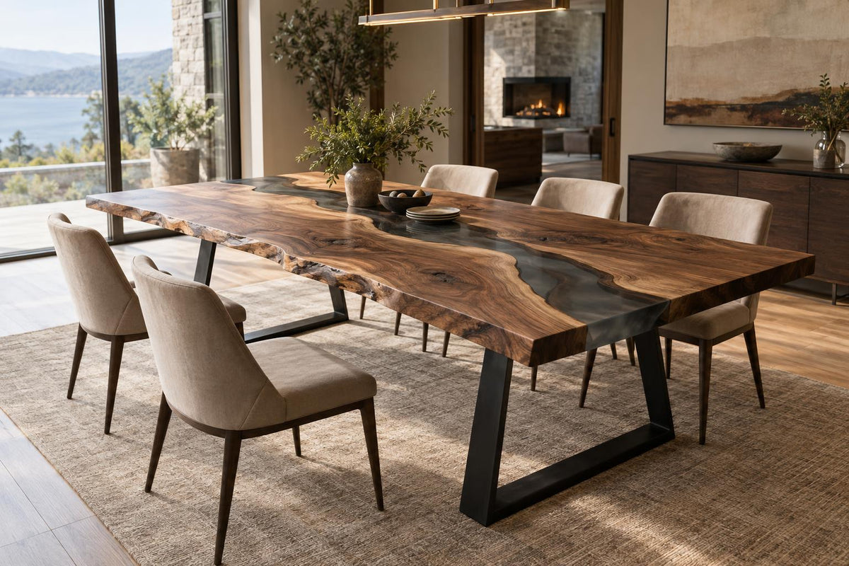 Walnut live-edge dining table with a dark resin river and black metal frame legs.