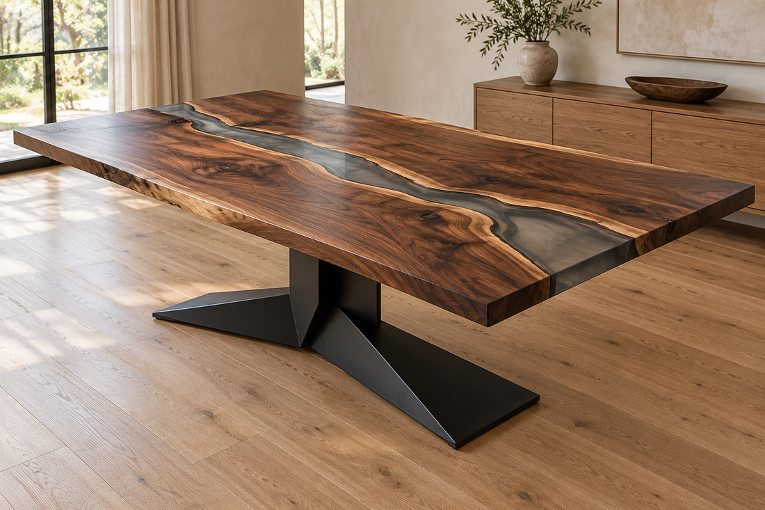 Walnut dining table with a smoke-gray resin river and black pedestal base.