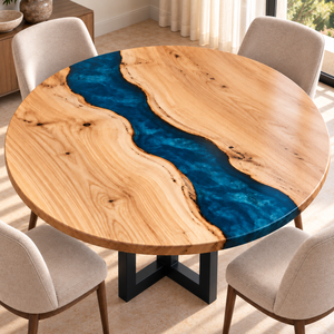 Azure Bend round ash dining table with a blue epoxy river in a sunlit dining room.
