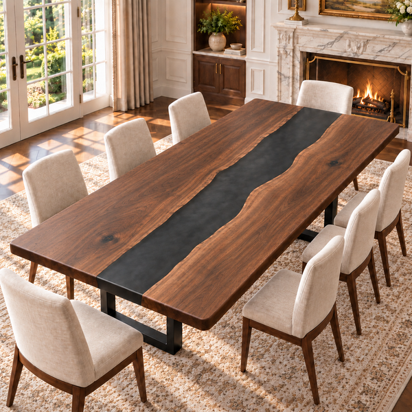 Black walnut table with a black epoxy river, shown with eight chairs in a bright dining room.