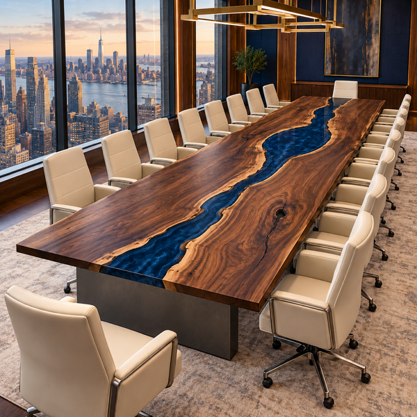 Angled room view of the Bluehaven rectangular black walnut conference table with blue epoxy.