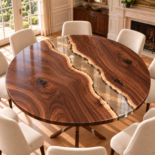 Clearbrook round walnut dining table with a clear epoxy river and eight cream dining chairs.