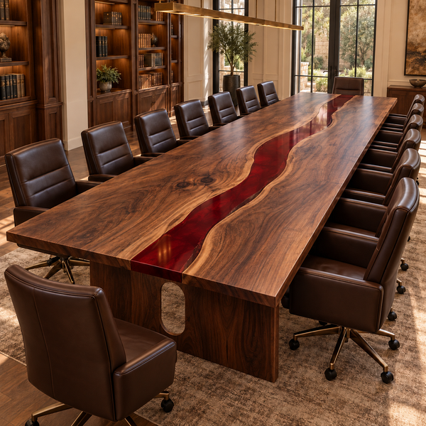Angled room view of the Crimsonbend rectangular black walnut conference table with red epoxy.