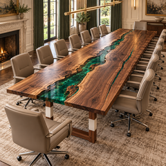 Angled room view of the Emeraldjunction rectangular black walnut conference table with green epoxy.