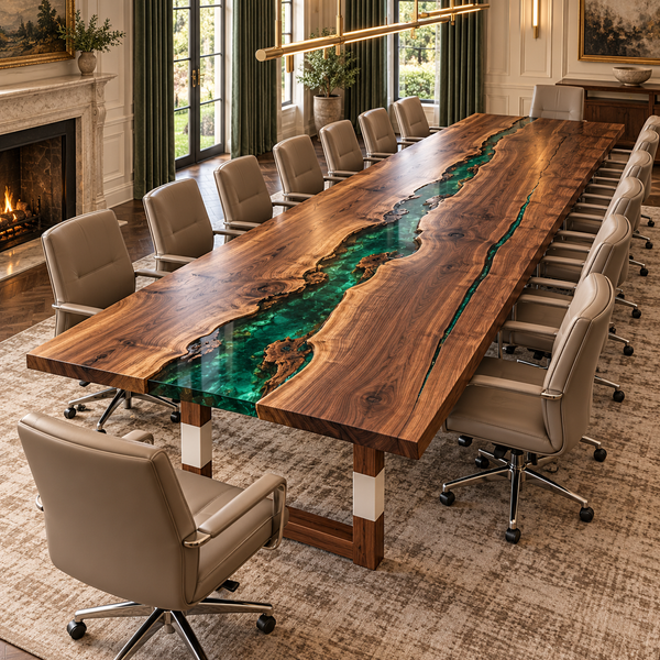 Angled room view of the Emeraldjunction rectangular black walnut conference table with green epoxy.