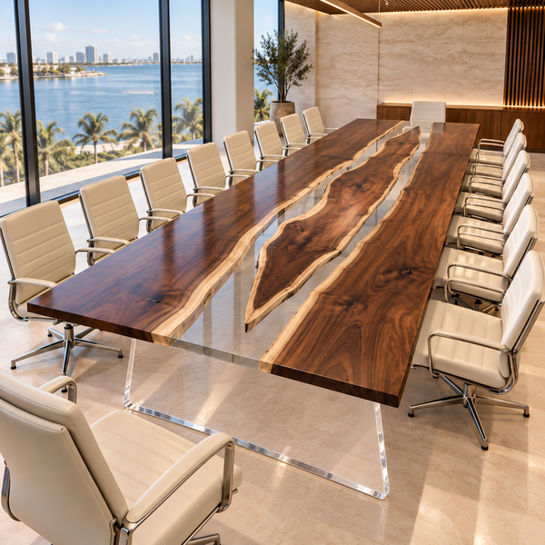 Angled room view of the Glassmeadow rectangular black walnut conference table with clear epoxy.