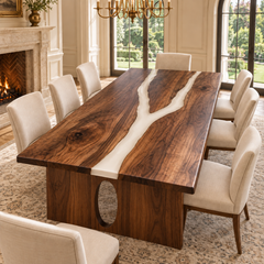 Angled room view of the Ivorybranch rectangular walnut dining table with white epoxy.