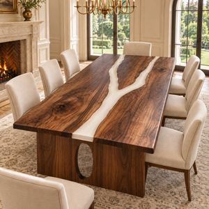 Angled room view of the Ivorybranch rectangular walnut dining table with white epoxy.