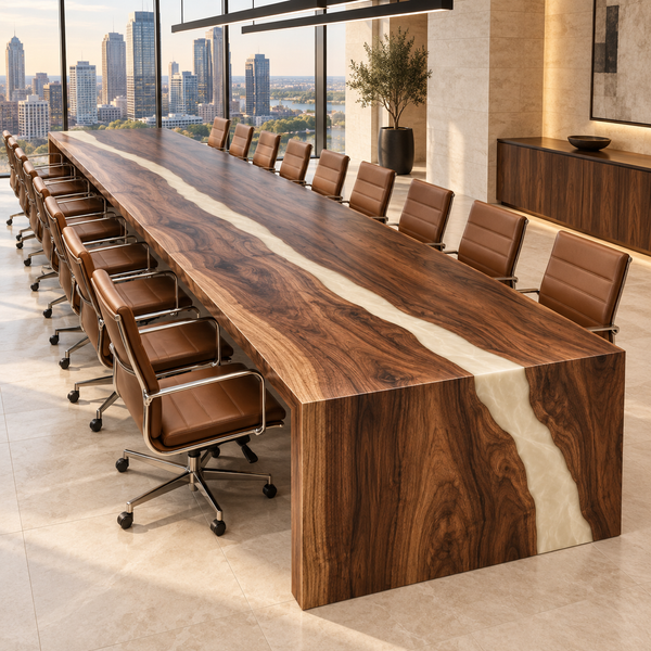 Angled room view of the Ivorycascade rectangular black walnut conference table with white epoxy.