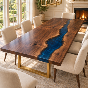 Rivercrest rectangular walnut dining table with a blue epoxy river and gold-colored frame supports.