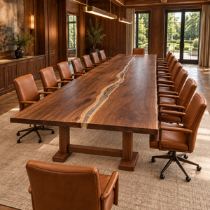 Angled room view of the Stillwater rectangular walnut conference table with black epoxy.