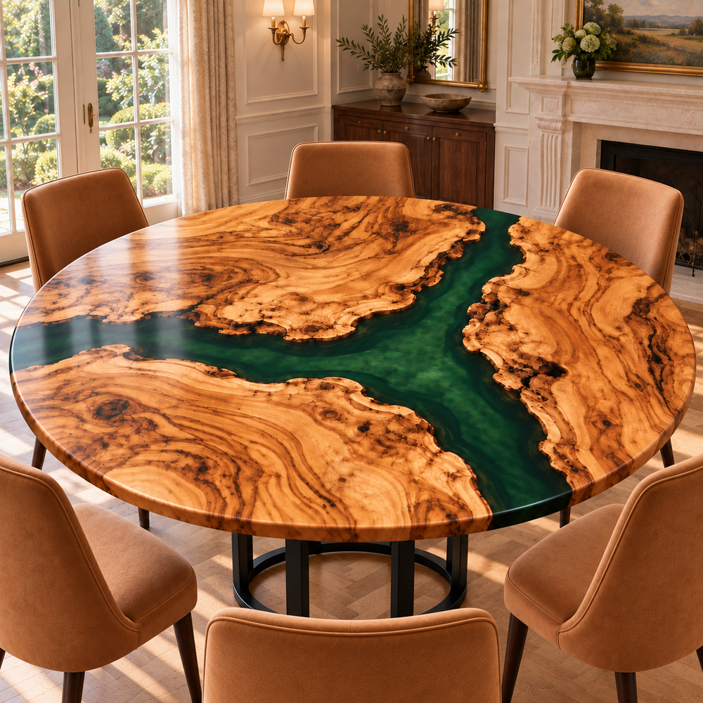 Verdant Isle round olive wood and green epoxy dining table in an American estate dining room.