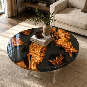 Cunninghamia Burl Black River Archipelago Round Epoxy Resin Coffee Table