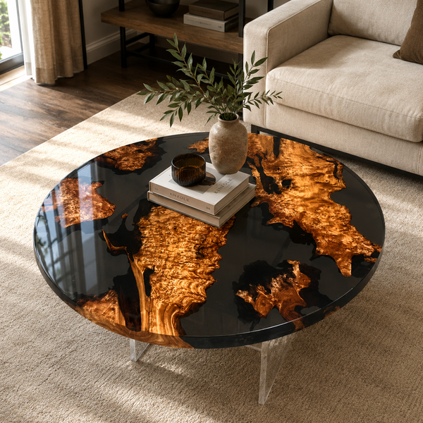Cunninghamia Burl Black River Archipelago Round Epoxy Resin Coffee Table