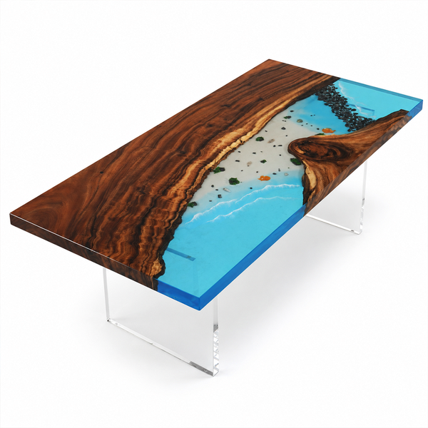 71" × 35.5" × 2" Walnut Wood Sea Coast Flow Epoxy Resin Dining Table