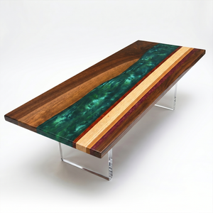 Black Walnut and Mixed Wood Strip Swirling Green Epoxy Resin Dining Table