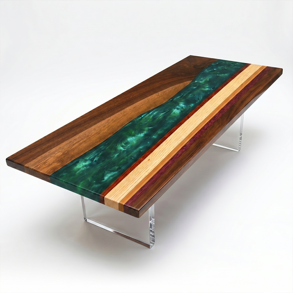 Black Walnut and Mixed Wood Strip Swirling Green Epoxy Resin Dining Table