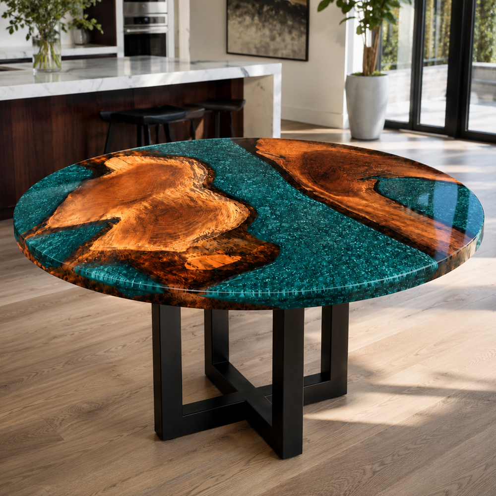 Walnut Tree Ring Crystalline Turquoise Epoxy Resin Round Table