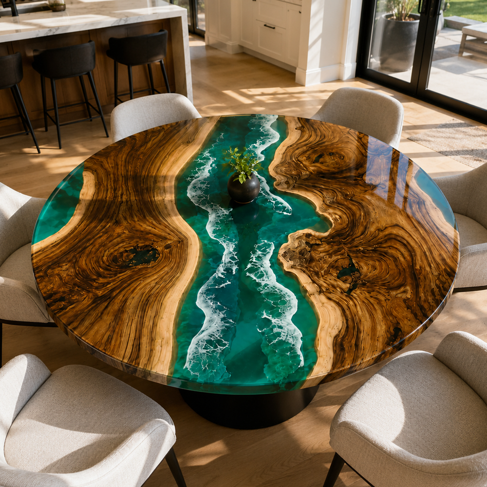 Black Walnut Coastal River Green Wave Epoxy Resin Round Table
