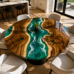 Black Walnut Coastal River Green Wave Epoxy Resin Round Table