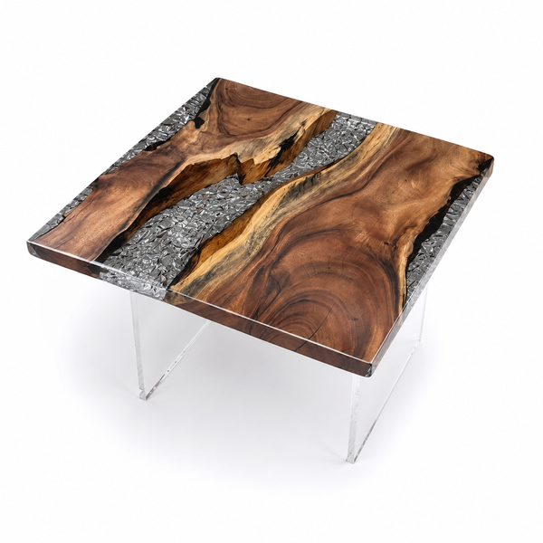 Walnut Crystal Textured Epoxy Resin Side Table