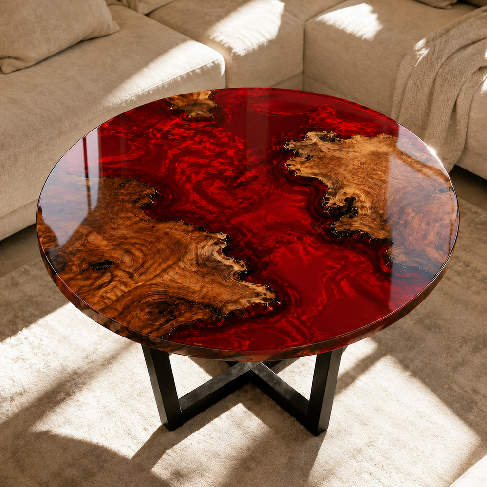 Poplar Burl Magma Swirl Red Epoxy Resin Round Table
