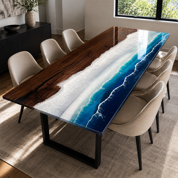 Black Walnut Beach Wave Epoxy Resin Dining Table