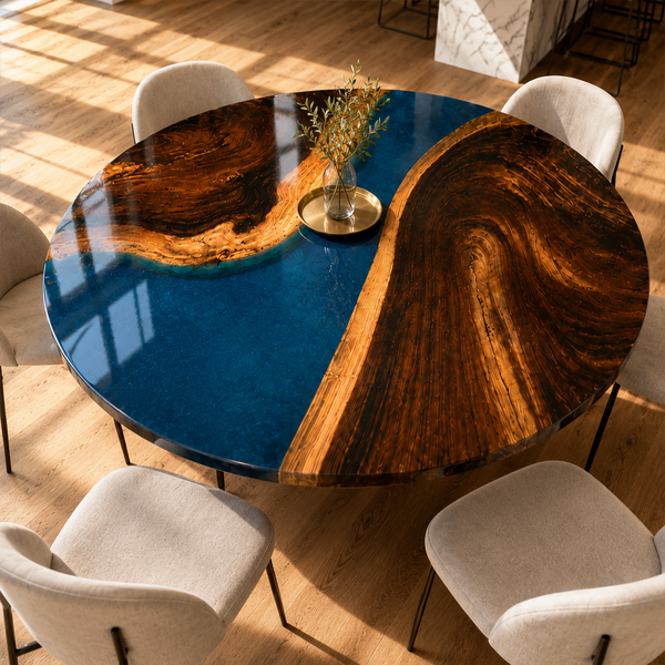 Black Walnut Winding River High-Gloss Blue Epoxy Resin Round Table