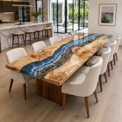 Poplar Burr River Pebble and Wave Epoxy Resin Dining Table