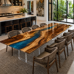 Walnut Vibrant Blue River Epoxy Resin Dining Table
