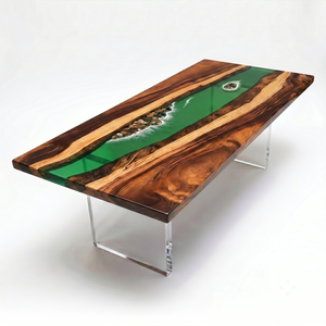 Walnut Coastal Pebble Green Island Epoxy Resin Dining Table