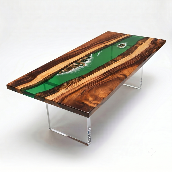 Walnut Coastal Pebble Green Island Epoxy Resin Dining Table