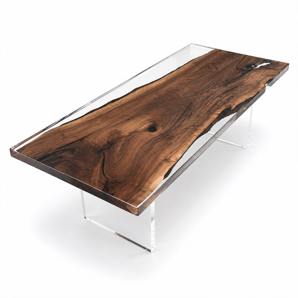 Black Walnut Wood Clear Transparent Rectangular Edge Epoxy Resin Dining Table