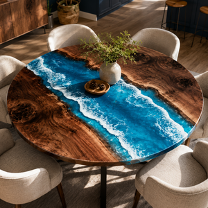 Walnut Seascape Blue Wave Epoxy Resin Round Table