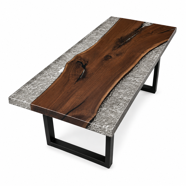 Black Walnut Wood Crystal Ice Patterned Edge Epoxy Resin Dining Table