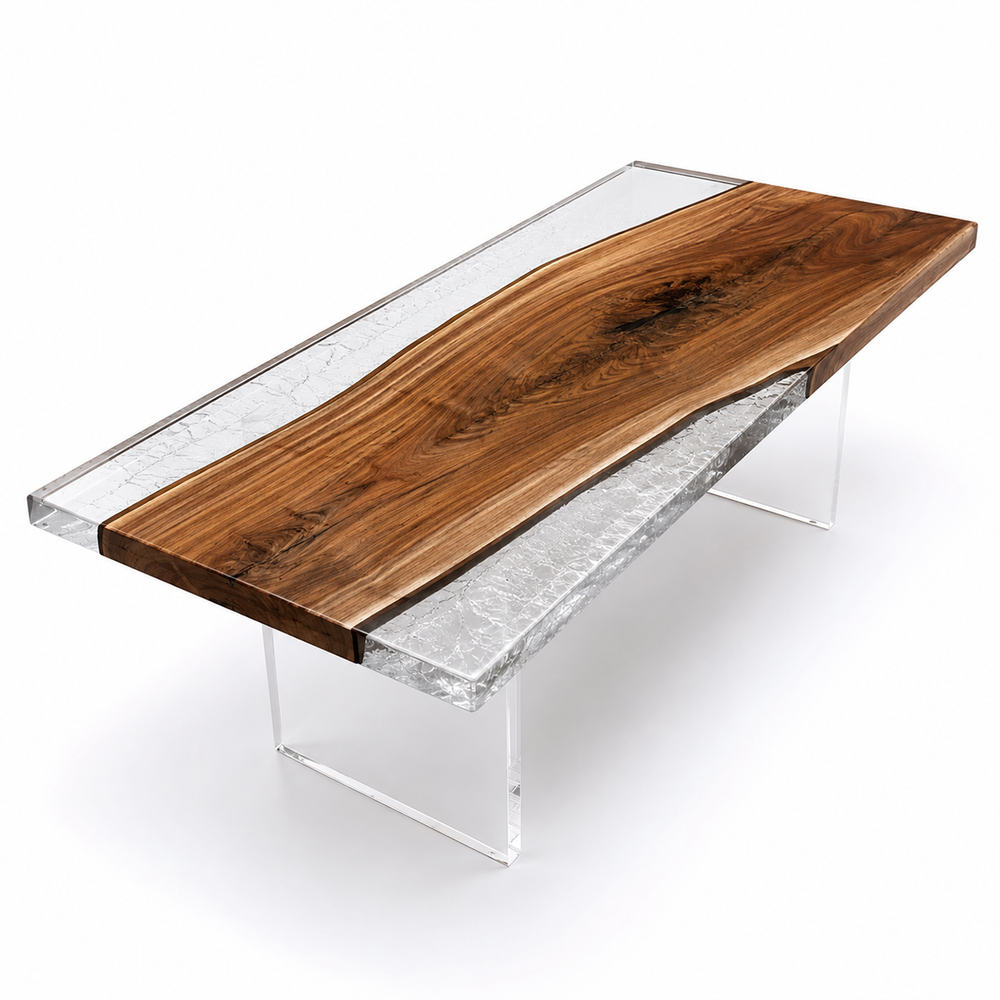 Black Walnut Wood Crushed Ice Live Edge Clear Epoxy Resin Dining Table