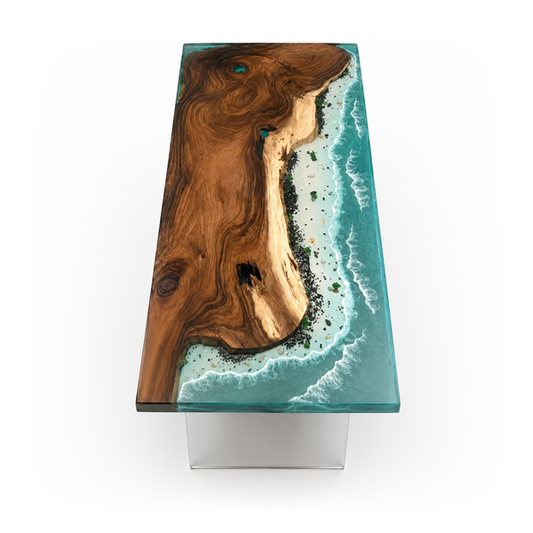92.5" L × 46.5" W × 2" T Walnut Ocean Beach Waves Epoxy Resin Dining Table