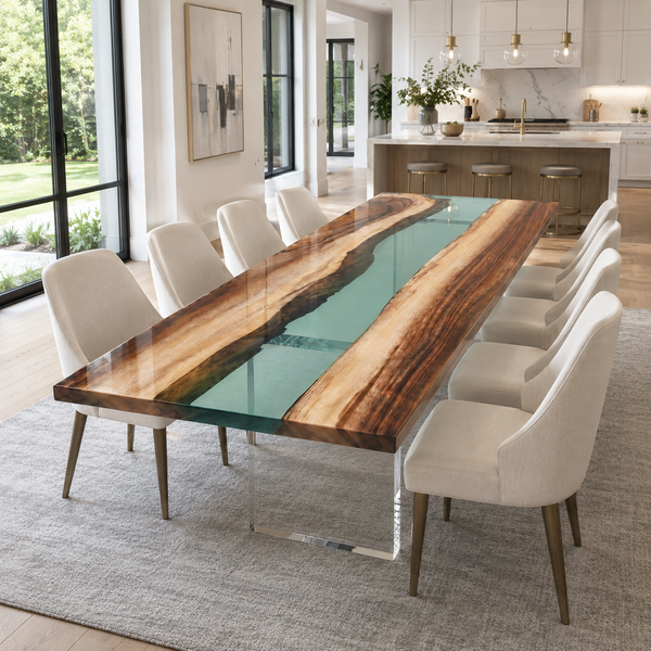 Walnut Live Edge Green River Transparent Epoxy Resin Dining Table