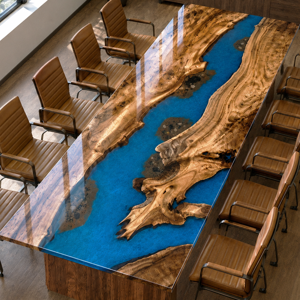 Golden Camphor Ocean Blue River Epoxy Resin Conference Table