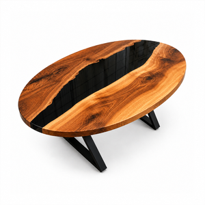 Walnut Black River Epoxy Resin Oval Coffee Table