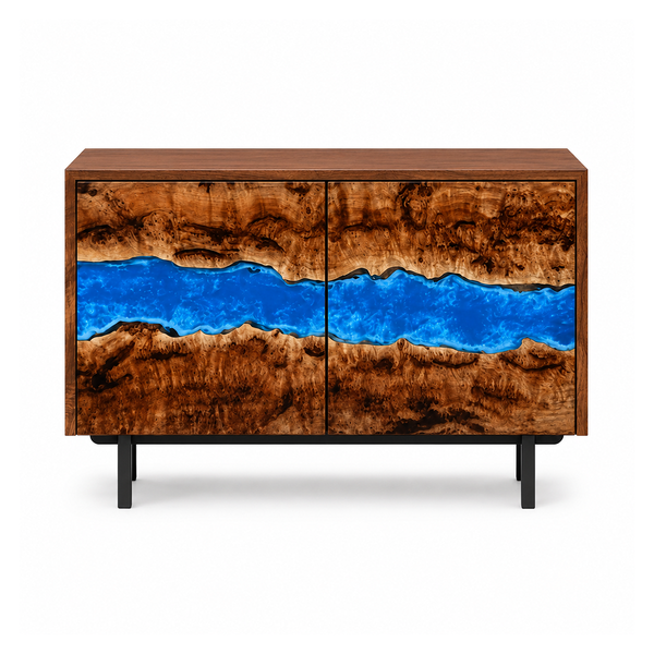 Golden Camphor Burl Blue River Epoxy Resin TV Console