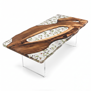 Walnut Wood Floral Inlay Live Edge Epoxy Resin Dining Table