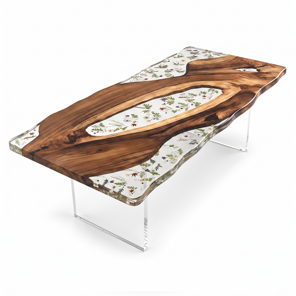Walnut Wood Floral Inlay Live Edge Epoxy Resin Dining Table