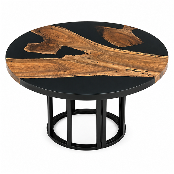 Black Walnut Wood Round Black River Epoxy Resin Dining Table