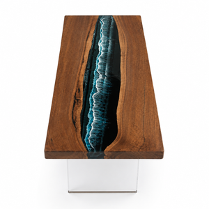 White background angled view of Black Walnut Wood Deep Ocean Wave epoxy Dining Table.