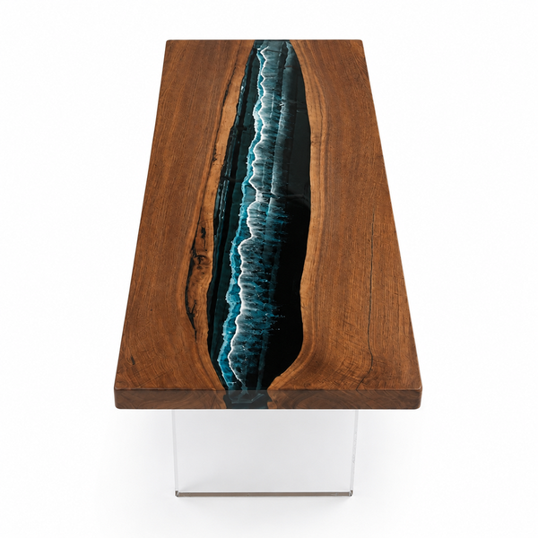 White background angled view of Black Walnut Wood Deep Ocean Wave epoxy Dining Table.