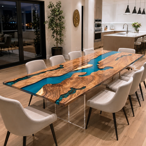 Walnut Premium Architectural Figure Blue River Epoxy Resin Dining Table