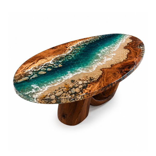 Walnut Wood Oceanic Shoreline Epoxy Resin Oval Coffee Table